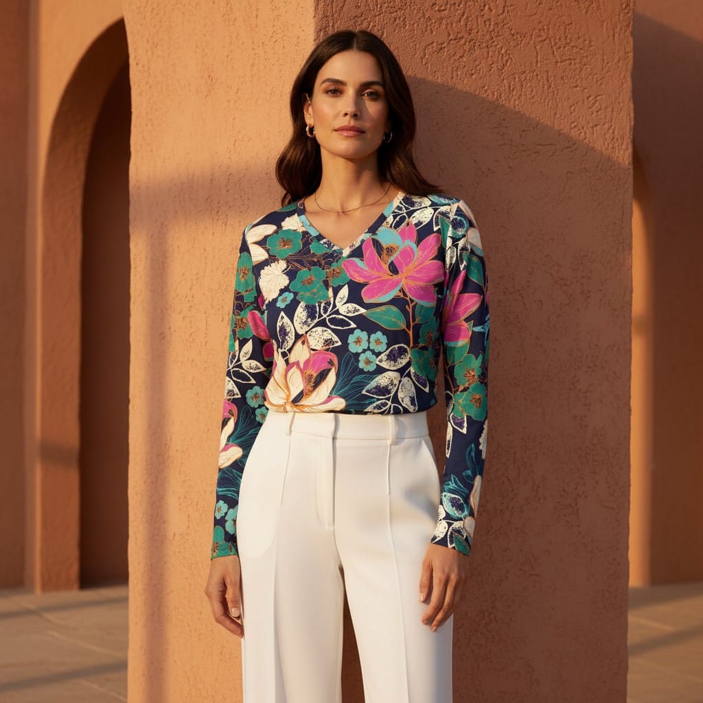 The Everyday V-Neck in Midnight Lotus Garden