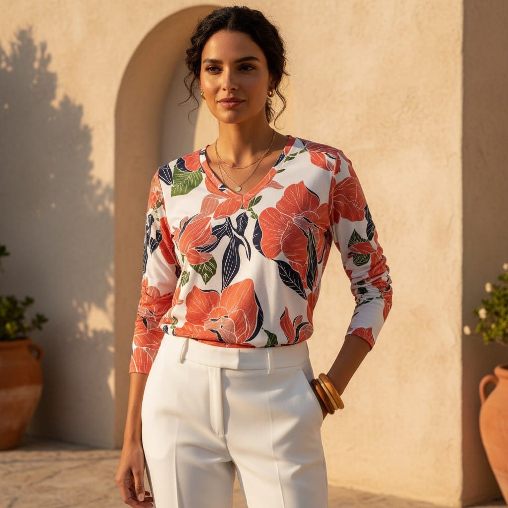 The Everyday V-Neck in Coral Botanica