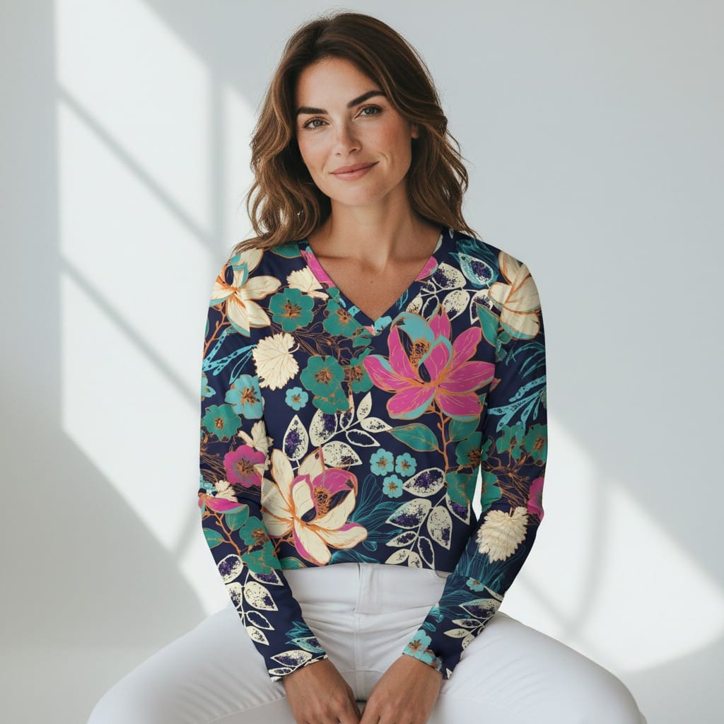 The Everyday V-Neck in Midnight Lotus Garden