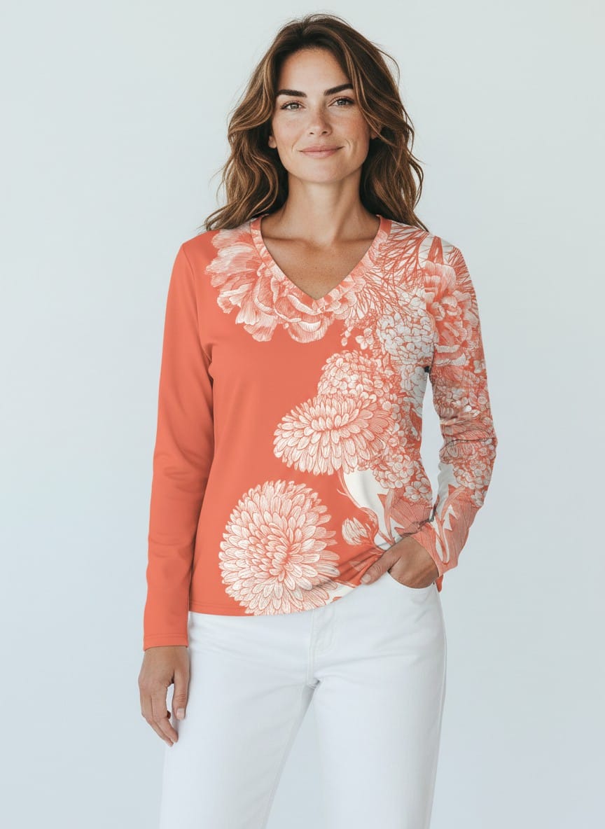 The Everyday V-Neck in Coral Lace