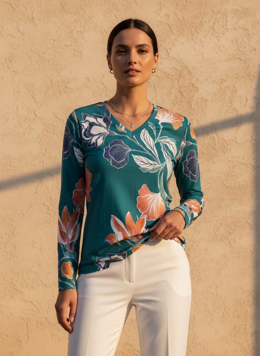 The Everyday V-Neck in Teal Botanica