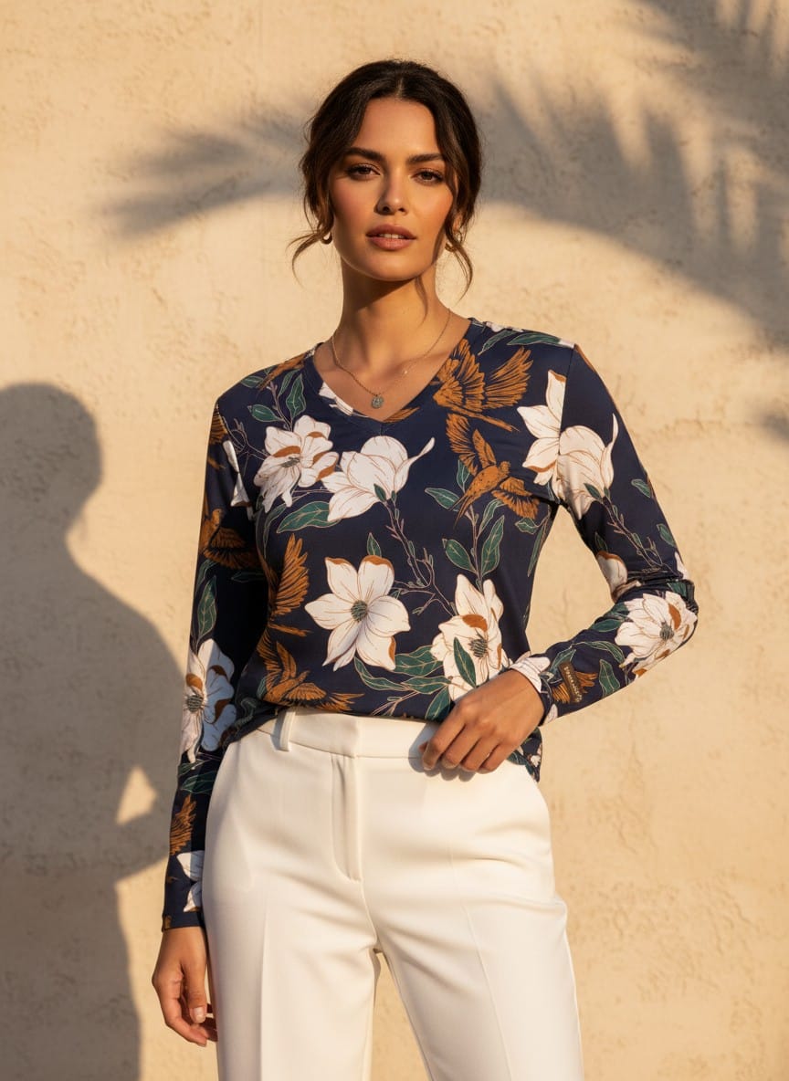 The Everyday V-Neck in Teal Botanica
