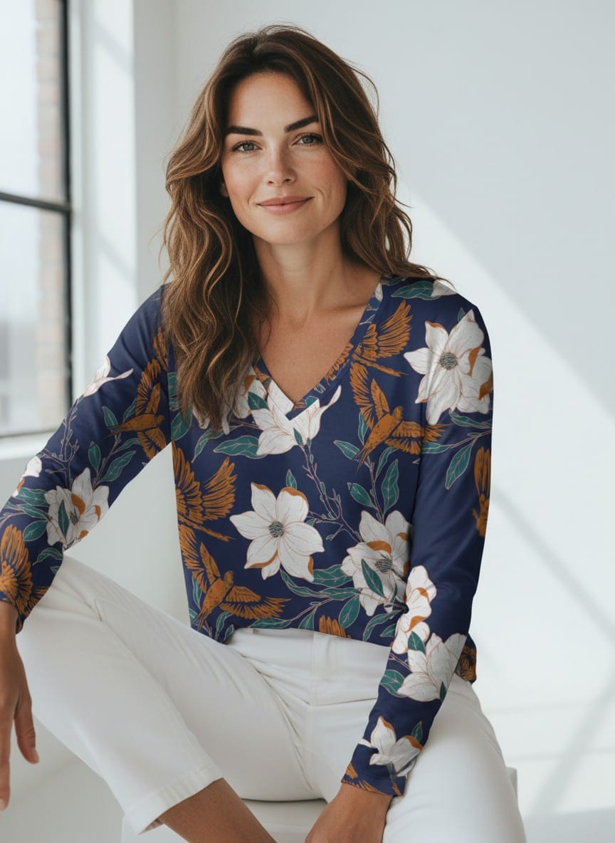 The Everyday V-Neck in Teal Botanica