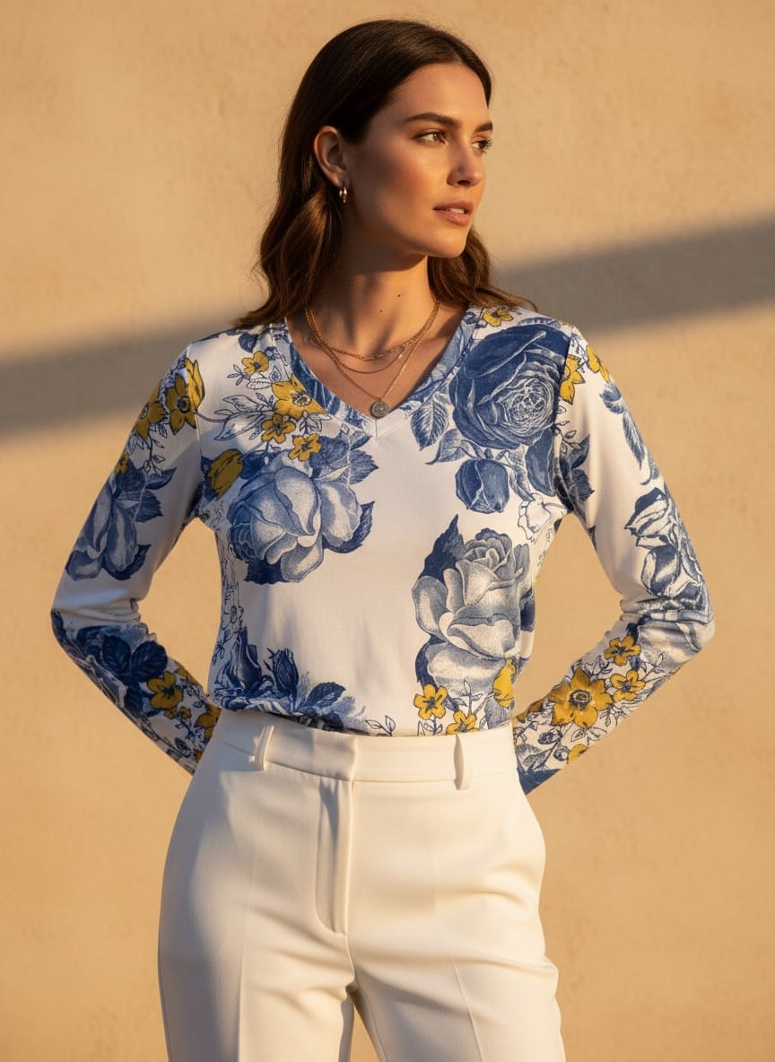 The Everyday V-Neck in Porcelain Bloom