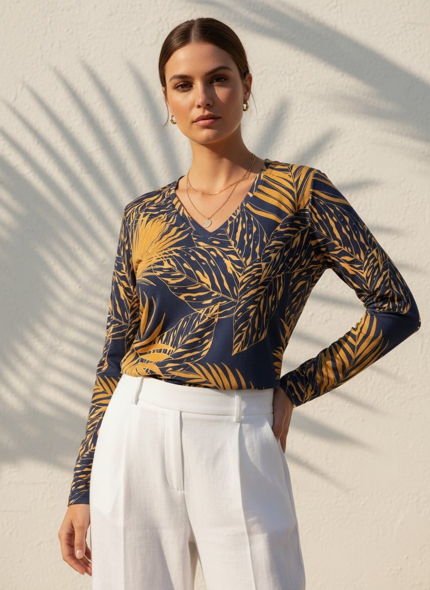 The Everyday V-Neck in Midnight Palm