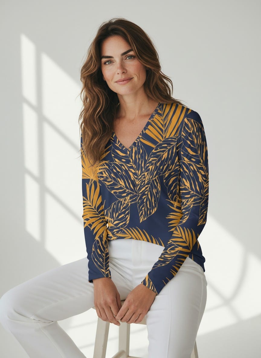 The Everyday V-Neck in Midnight Palm