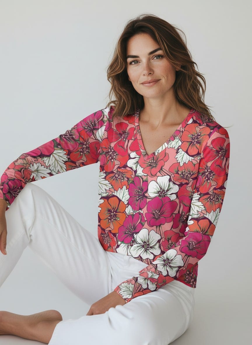 The Everyday V-Neck in Bougainvillea Pop