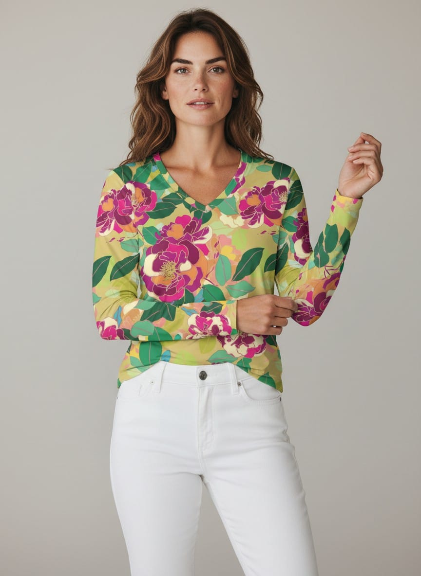The Everyday V-Neck in Sunstone Peony