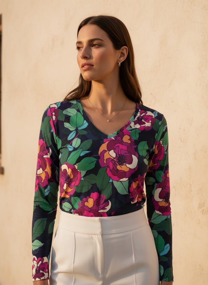 The Everyday V-Neck in Jewelbox Peony
