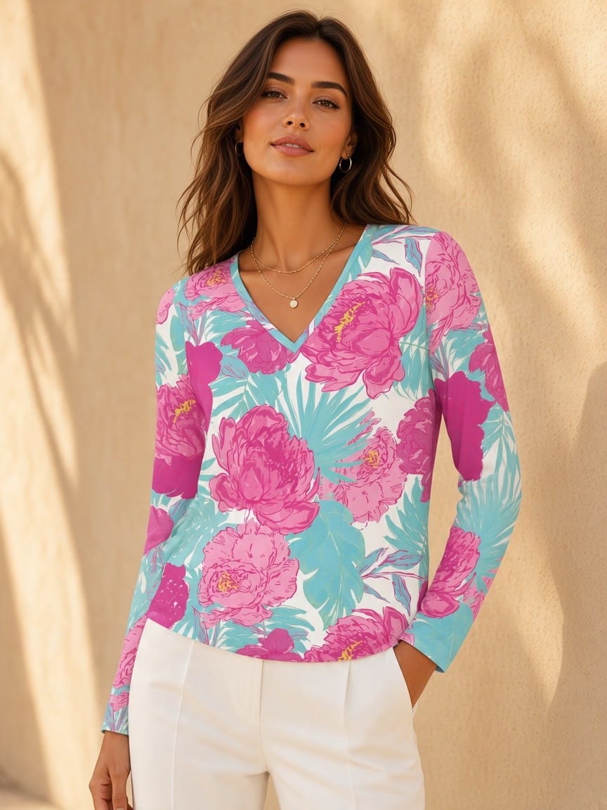 The Everyday V-Neck in Riviera Peony – House of Bloom & Thread