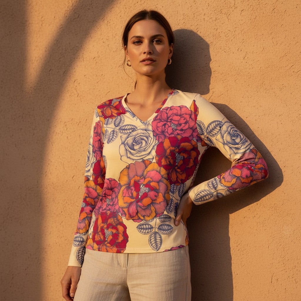 The Everyday V-Neck in Saffron Garden