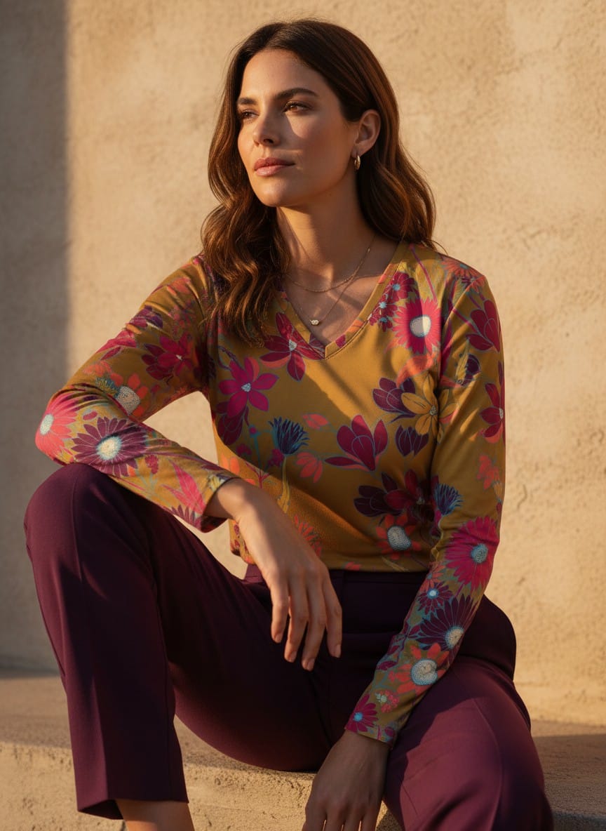 The Everyday V-Neck in Ochre Bloom