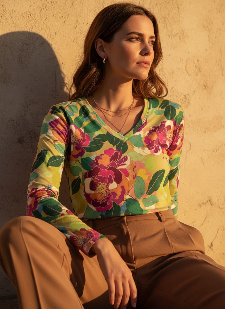 The Everyday V-Neck in Sunstone Peony