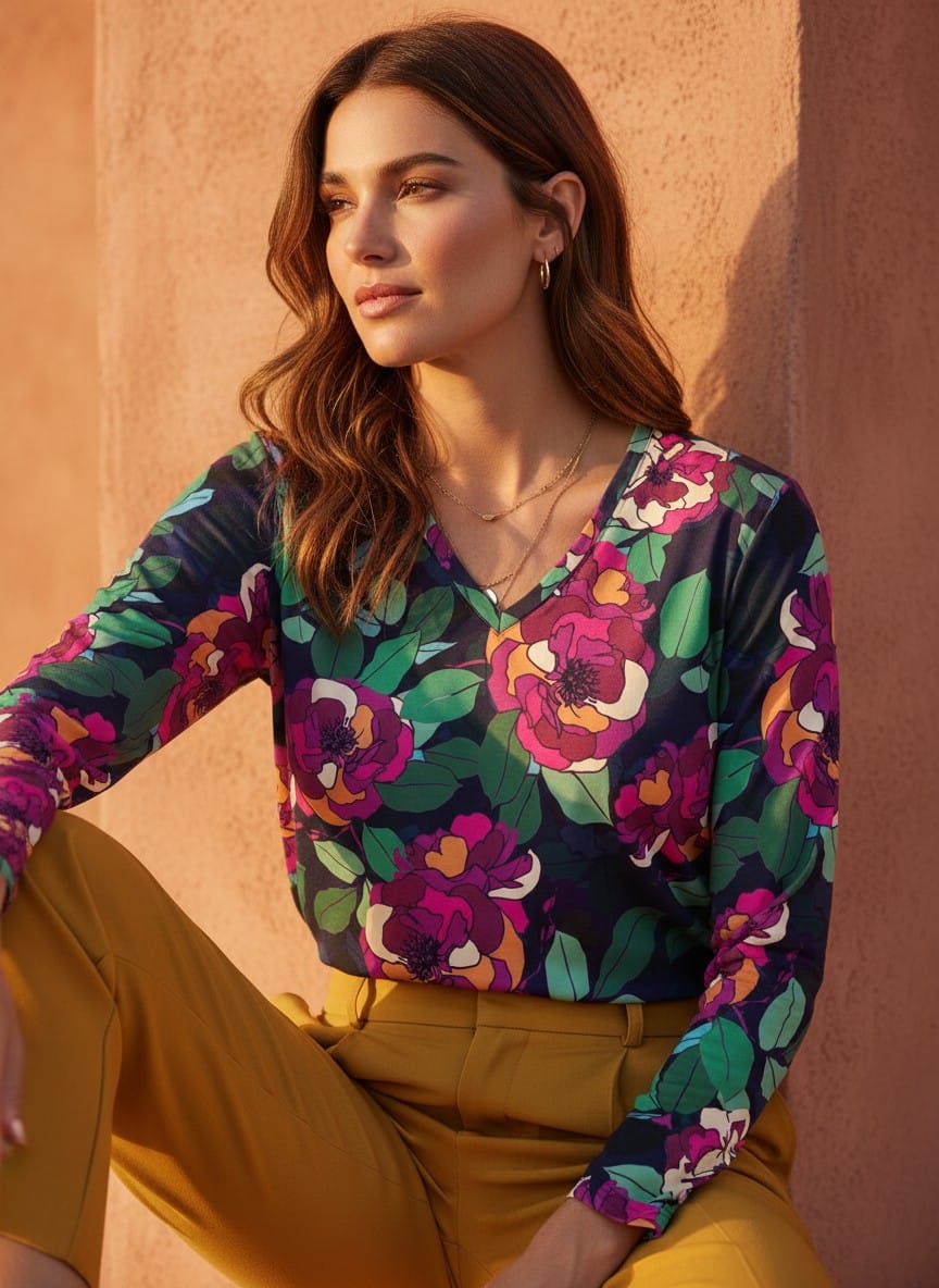 The Everyday V-Neck in Jewelbox Peony