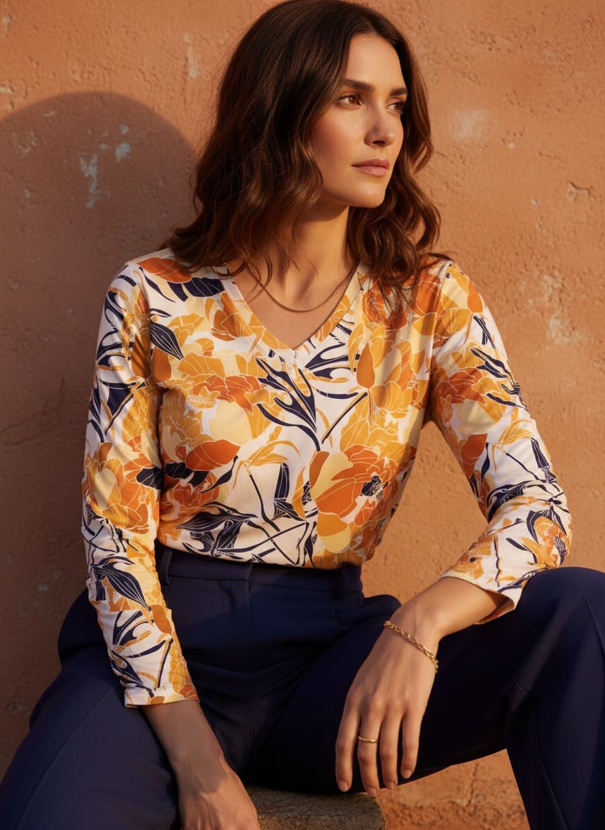 The Everyday V Neck in Apricot Bloom