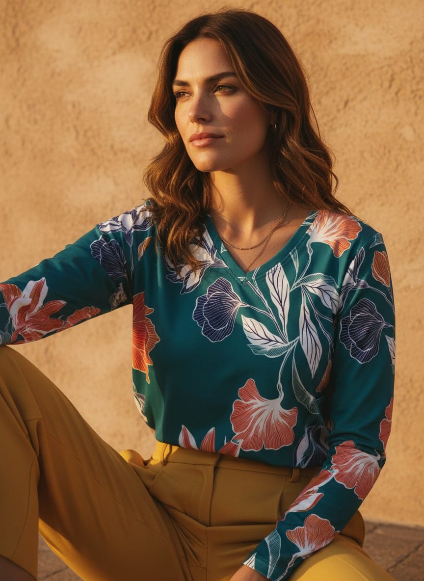 The Everyday V-Neck in Teal Botanica